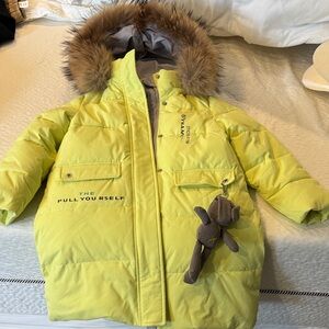 Yellow Puffer Jacket with Fur Hood